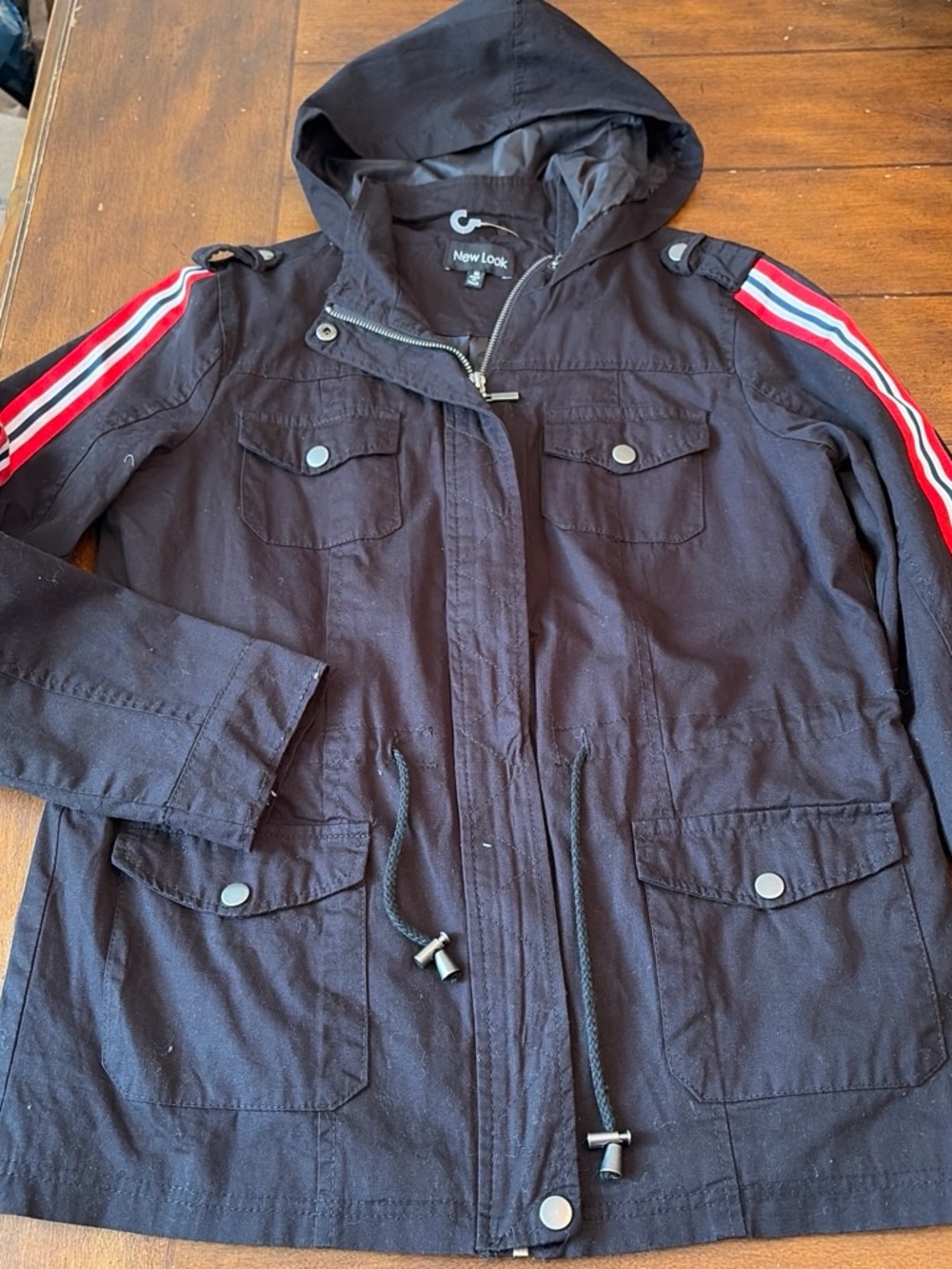 New Look Black Hooded Kids Jacket with Red & White Sleeve Stripes